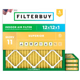 Filterbuy 12x12x1 air filter closeup showing durable media for cleaner indoor air