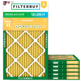 Filterbuy 12x20x1 air filter package showing universal HVAC compatibility and easy replacement.