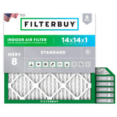 Filterbuy 14x14x1 air filter front view with pleated media for better air quality.