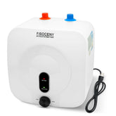 Fisoceny under-sink water heater front view showing compact fit for tight spaces.