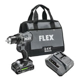 FLEX 24V brushless drill front view highlighting compact power.