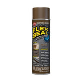Flex Seal 14oz brown bottle sealing leaks on metal and wood surfaces