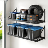 Fleximounts 2x4ft wall shelf assembly demonstrates sturdy mounting for heavy garage storage.