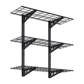 Fleximounts 3-tier garage wall shelf demonstrates heavy-duty storage for tools and gear.