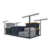 FLEXIMOUNTS overhead storage rack securely mounted to ceiling joists for space-saving storage