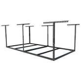 FLEXIMOUNTS overhead storage rack assembled for garage organization and floor clearance.