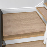 FlowaFoli stair landing rug beige 31x31 provides safer steps on wooden stairs