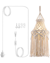 FLSFU boho plug-in pendant lamp with macrame shade creates a warm bedroom ambiance.