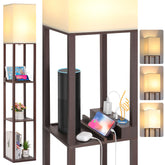 FOLKSMATE shelf LED floor lamp with wood frame displaying organized storage near sofa.