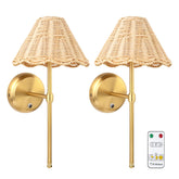 Folux battery-operated Boho rattan wall sconce set mounted for warm ambient light