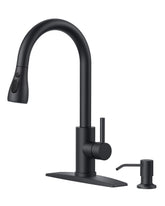 FORIOUS black kitchen faucet with soap dispenser showing durable finish and soap storage