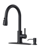 FORIOUS black kitchen faucet with soap dispenser for convenient hand washing on a modern sink