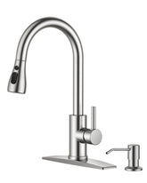 FORIOUS kitchen faucet front view in brushed nickel with soap dispenser for convenient handwashing.