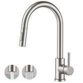 FORIOUS kitchen faucet with pull-down sprayer in brushed nickel for easy reach.