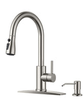 FORIOUS kitchen faucet with soap dispenser and pull-down spray in brushed nickel