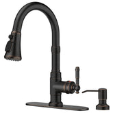 FORIOUS vintage kitchen faucet with soap dispenser for convenient handwashing at the sink.