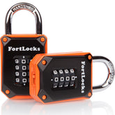 FortLocks orange 4-digit padlocks two-pack visible with bold dials for quick setup.