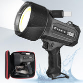 FORTO rechargeable spotlight with 10000lm beam illuminates large outdoor areas clearly.