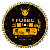 FOXBC 10-Inch table saw blade close-up showing precision teeth for a clean finish