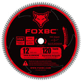 FOXBC 12-inch blade close-up shows 120T teeth for clean aluminum cuts