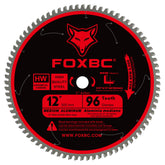 FOXBC 12-inch blade close-up highlighting 96-tooth TCG for burr-free aluminum cutting.