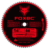 FOXBC 14-inch metal-cutting blade in action for burr-free steel cuts.