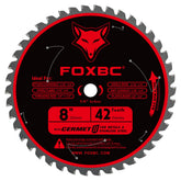 FOXBC 8-inch metal cutting blade close-up showing ceramic carbide teeth for longevity and precision.