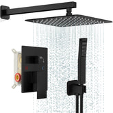 FPXRNG 10-inch rain shower head in matte black for immersive rainfall-like water flow.