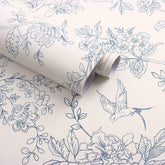 Froluya wallpaper: cream-white blue floral panel with vintage blossoms