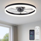 Fszdorj 20'' ceiling fan with light shown in a compact bedroom setup for quiet comfort