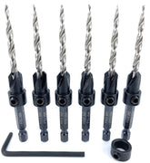 FTG USA 6 Pc #8 countersink drill bit set with depth stop collar for precise screw prep