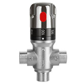 FUGO thermostatic valve chrome finish with 1/2 NPT male connections for reliable temperature control.
