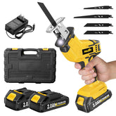 FULLYEA cordless reciprocating saw cutting wood with precise speed control.