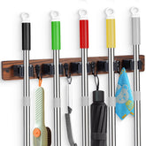 FunCee broom holder wall mount with five slots and four hooks keeps tools organized.