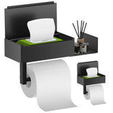 FUNLEU toilet paper holder with shelf in matte black keeps essentials within reach.