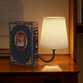 FUNTAPHANTA vintage bookshelf lamp on a shelf adds warm light for reading.