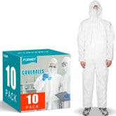 FURWEY Hazmat suits pack ten full body coveralls with hood and elastic cuffs for versatile protection.