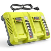 Futurebatt OP401 dual-port charger front view for Ryobi 40V batteries, space-saving in-home workshop use