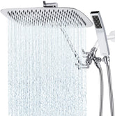 G-Promise all-metal 14-inch rainfall head with wide coverage for full-body rinsing.