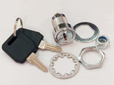GAMES2PEOPLE Armstrong replacement lock front view showing chrome finish for Stack-On cabinets