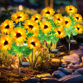 Garpar solar garden lights front view with six glowing sunflowers.