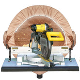 GARVIN miter saw dust hood with light over a clean workshop, capturing dust.