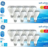 GE LED 9W BR30 soft white bulb pack shot showing energy efficiency and long life