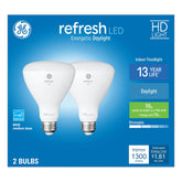 GE LED reflector bulb packaging highlights energy savings and bright color clarity.