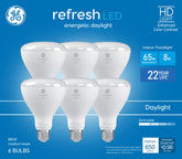 GE Refresh BR30 LED bulbs six-pack front view for vibrant daylight illumination in active spaces