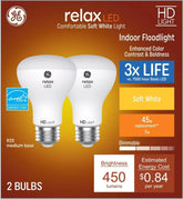 GE Relax 2-pack R20 LED bulbs for track and recessed lighting, energy-efficient.