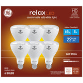 GE Relax BR30 LED bulb close-up showing warm 2700K light for cozy rooms