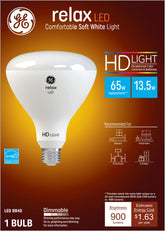 GE Relax HD BR40 bulb front view with warm soft white glow.