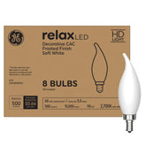 GE Relax LED bulbs with soft white candle glow for cozy living spaces.