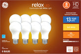 GE Relax eight-pack LED bulbs package photo highlighting energy efficiency for easy replacement